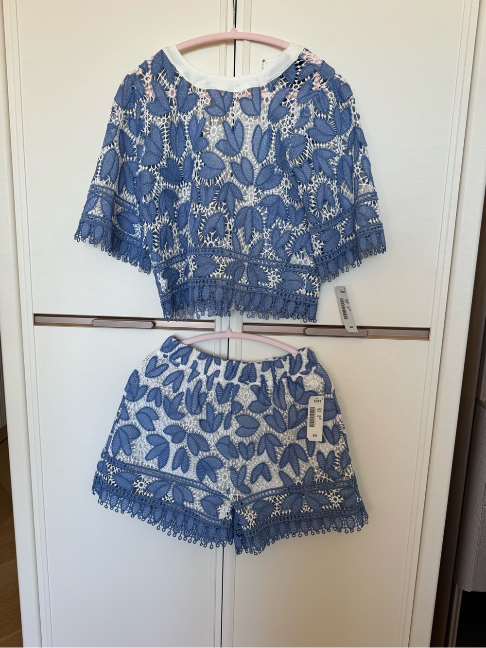 Gracia Blue and White Crocheted Lace Mini Shorts Set